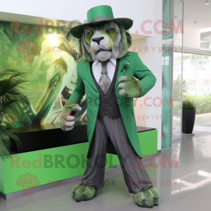 Green Smilodon mascot costume character dressed with a Suit Jacket and Hat pins