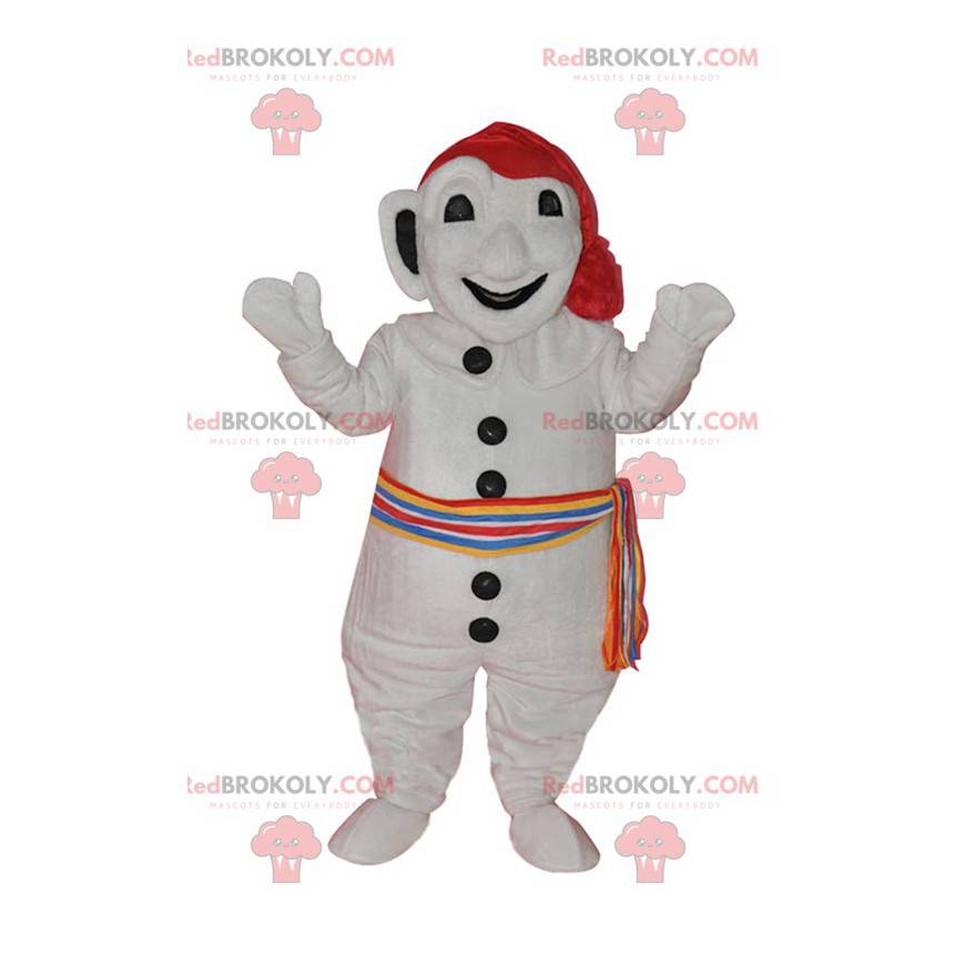 Hvid snemand maskot med et farverigt tørklæde og en hat -