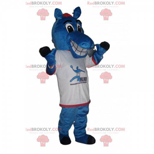 Glad blå hästmaskot med en supporterjersey - Redbrokoly.com