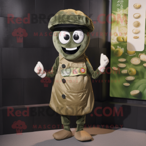 Olive Ramen mascot costume character dressed with a Vest and Hat pins