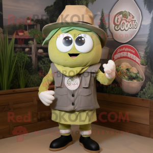Olive Ramen mascot costume character dressed with a Vest and Hat pins