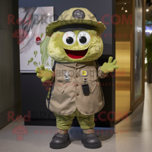 Olive Ramen mascot costume character dressed with a Vest and Hat pins