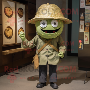 Olive Ramen mascot costume character dressed with a Vest and Hat pins