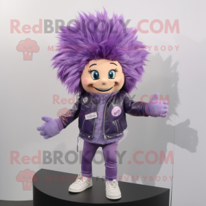 Lavender Momentum mascot costume character dressed with a Leather Jacket and Hair clips