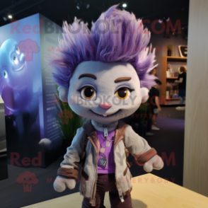 Lavender Momentum mascot costume character dressed with a Leather Jacket and Hair clips