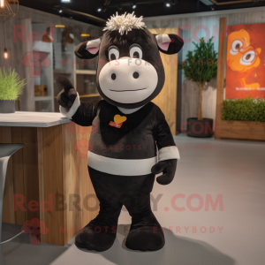 Black Jersey Cow mascot costume character dressed with a Sweater and Suspenders