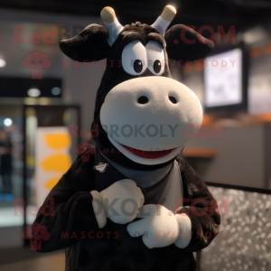 Black Jersey Cow mascot costume character dressed with a Sweater and Suspenders