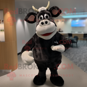 Black Jersey Cow mascot costume character dressed with a Sweater and Suspenders