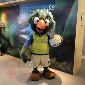 Olive Macaw mascot costume character dressed with a Rugby Shirt and Keychains