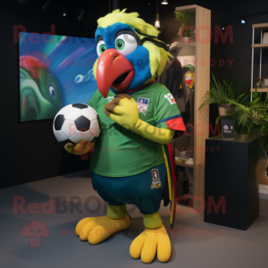 Olive Macaw mascot costume character dressed with a Rugby Shirt and Keychains