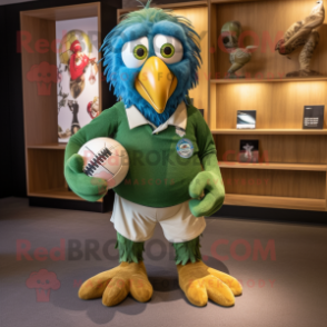 Olive Macaw mascot costume character dressed with a Rugby Shirt and Keychains