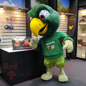 Olive Macaw mascot costume character dressed with a Rugby Shirt and Keychains