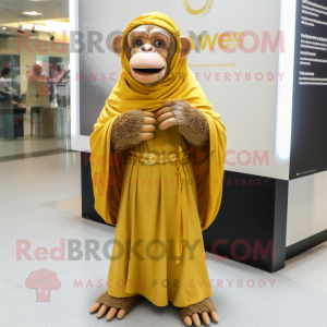 Gold Chimpanzee mascot costume character dressed with a Maxi Skirt and Shawls