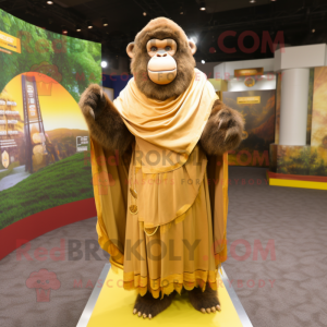 Gold Chimpanzee mascot costume character dressed with a Maxi Skirt and Shawls