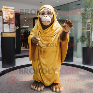 Gold Chimpanzee mascot costume character dressed with a Maxi Skirt and Shawls