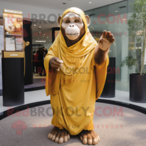 Gold Chimpanzee mascot costume character dressed with a Maxi Skirt and Shawls