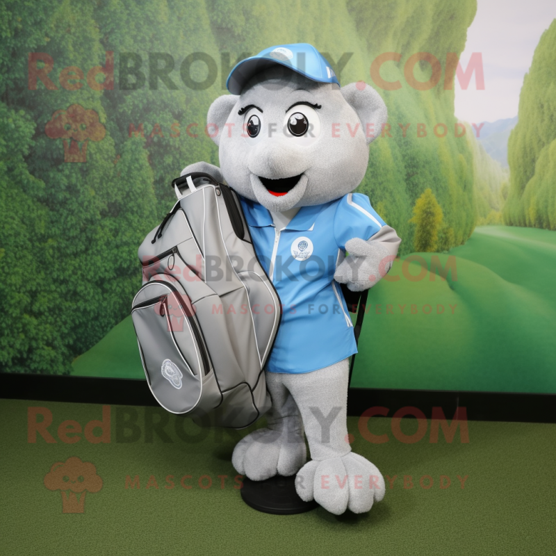 Silver Golf Bag mascot costume character dressed with a Bootcut Jeans and Backpacks Silver Golf Bag mascot costume character dressed with a Bootcut Jeans and Backpacks