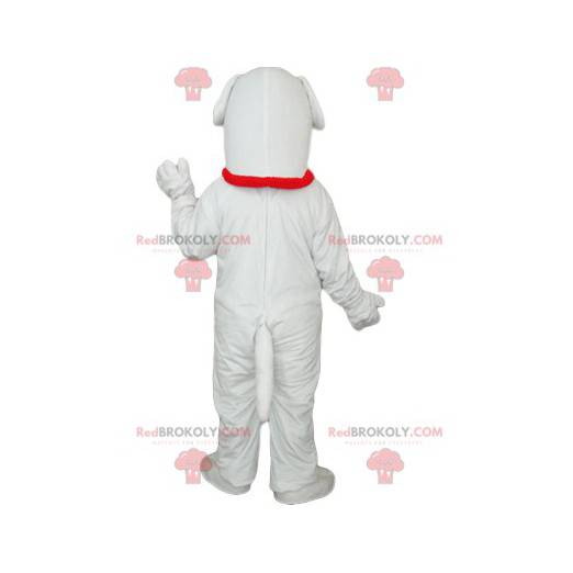 Mascotte cane bianco con un collare rosso e un campanello -