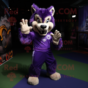 Purple Werewolf mascot costume character dressed with a Polo Tee and Foot pads