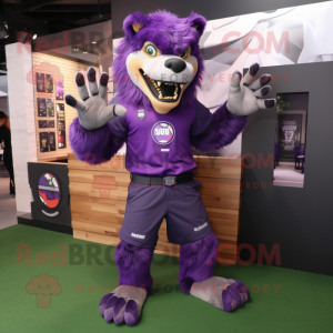 Purple Werewolf mascot costume character dressed with a Polo Tee and Foot pads