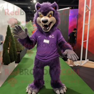 Purple Werewolf mascot costume character dressed with a Polo Tee and Foot pads