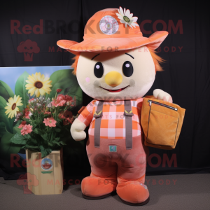 Peach Bouquet Of Flowers mascot costume character dressed with a Flannel Shirt and Messenger bags