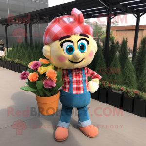 Peach Bouquet Of Flowers mascot costume character dressed with a Flannel Shirt and Messenger bags
