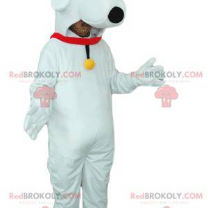 Witte hond mascotte met een rode halsband en een bel -