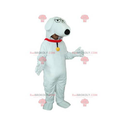 Mascote cachorro branco com coleira vermelha e sino -