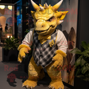 Gold Triceratops mascot costume character dressed with a Dungarees and Ties