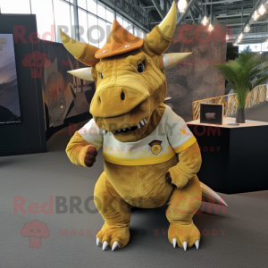 Gold Triceratops mascot costume character dressed with a Dungarees and Ties