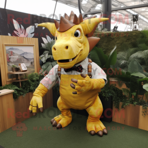 Gold Triceratops mascot costume character dressed with a Dungarees and Ties