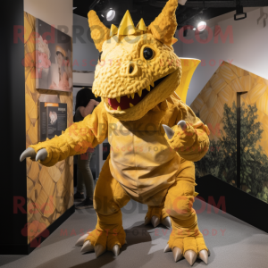 Gold Triceratops mascot costume character dressed with a Dungarees and Ties