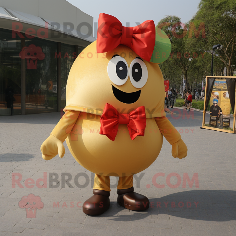 Gold Tomato mascot costume character dressed with a Cargo Shorts and Bow ties