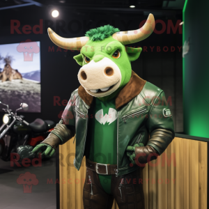 Green Bull mascot costume character dressed with a Moto Jacket and Earrings
