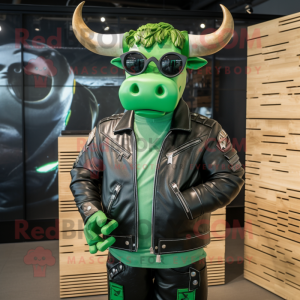 Green Bull mascot costume character dressed with a Moto Jacket and Earrings