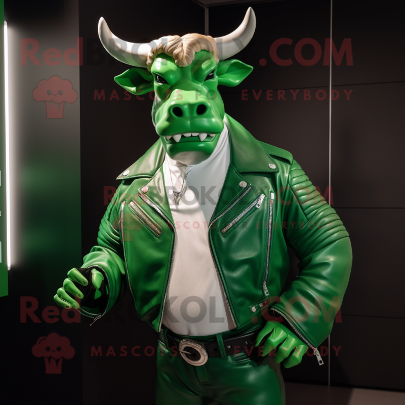 Green Bull mascot costume character dressed with a Moto Jacket and Earrings Green Bull mascot costume character dressed with a Moto Jacket and Earrings
