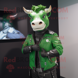 Green Bull mascot costume character dressed with a Moto Jacket and Earrings