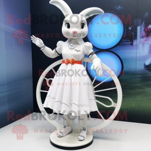 White Unicyclist mascot costume character dressed with a Wrap Skirt and Bracelet watches