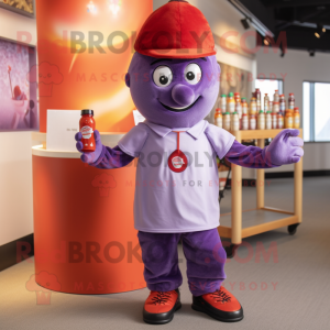 Lavender Bottle Of Ketchup mascot costume character dressed with a Button-Up Shirt and Beanies