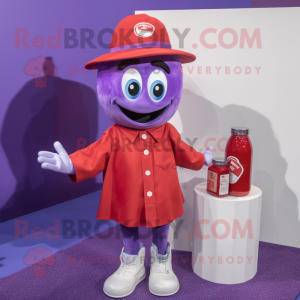 Lavender Bottle Of Ketchup mascot costume character dressed with a Button-Up Shirt and Beanies