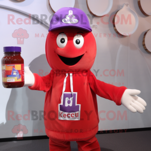 Lavender Bottle Of Ketchup mascot costume character dressed with a Button-Up Shirt and Beanies
