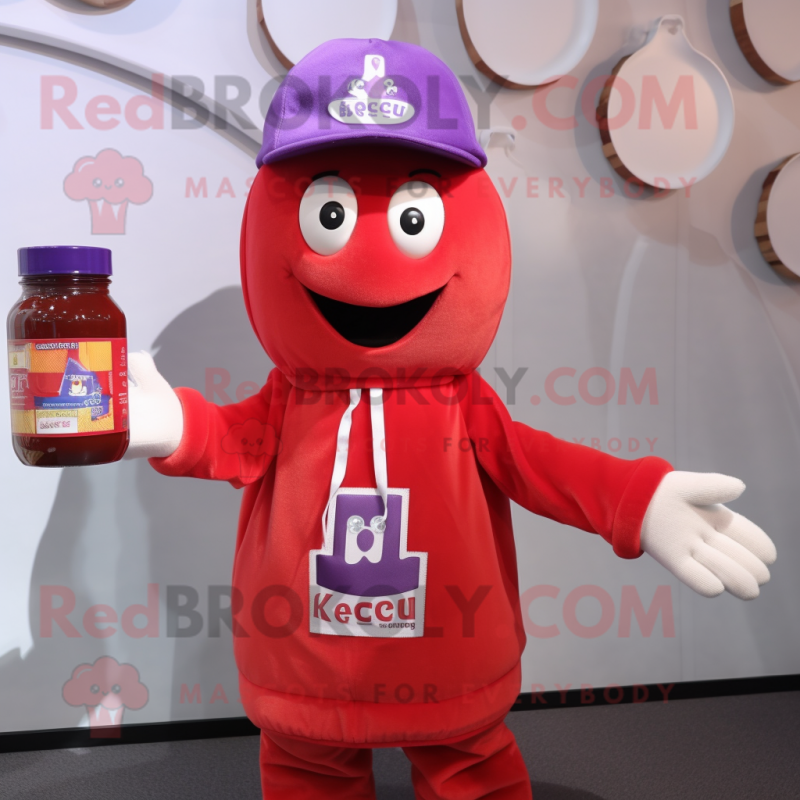 Lavender Bottle Of Ketchup mascot costume character dressed with a Button-Up Shirt and Beanies Lavender Bottle Of Ketchup mascot costume character dressed with a Button-Up Shirt and Beanies
