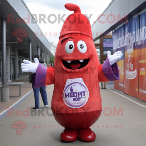 Lavender Bottle Of Ketchup mascot costume character dressed with a Button-Up Shirt and Beanies