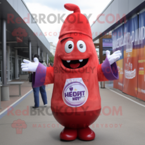 Lavender Bottle Of Ketchup mascot costume character dressed with a Button-Up Shirt and Beanies