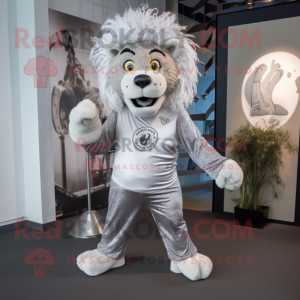 Silver Tamer Lion mascot costume character dressed with a Long Sleeve Tee and Headbands