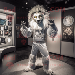 Silver Tamer Lion mascot costume character dressed with a Long Sleeve Tee and Headbands