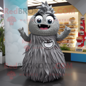 Gray Ramen mascot costume character dressed with a Evening Gown and Bracelet watches