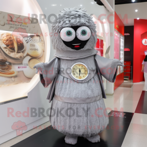 Gray Ramen mascot costume character dressed with a Evening Gown and Bracelet watches