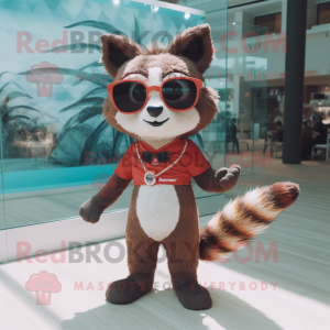 Red Raccoon mascot costume character dressed with a Swimwear and Sunglasses